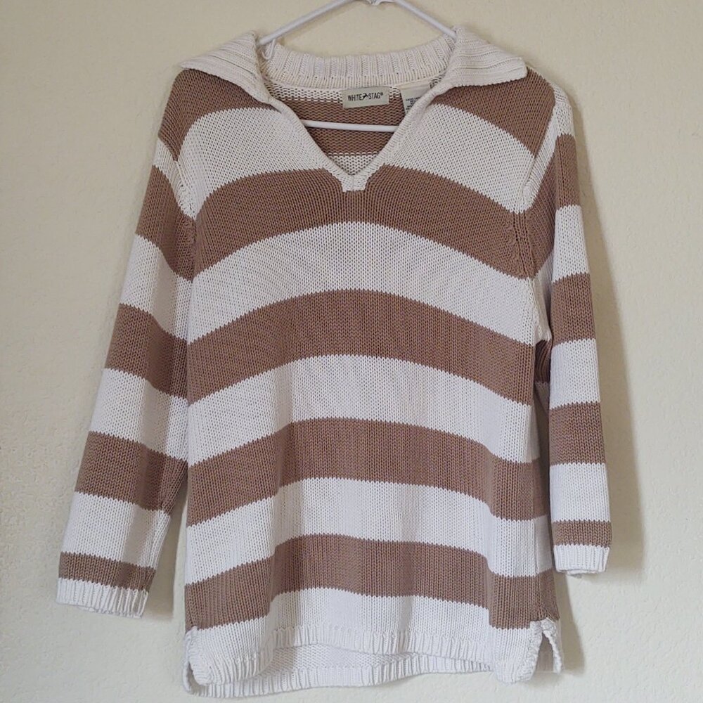 WHITE STAGE 3/4 SLEEVE HEAVY KNIT SWEATER COLLARED WOMEN'S SIZE LARGE